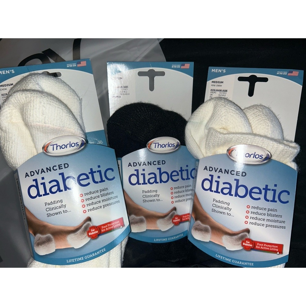 New (3) Pair MENS MEDIUM THORLOS DIABETIC SOCKS CREW